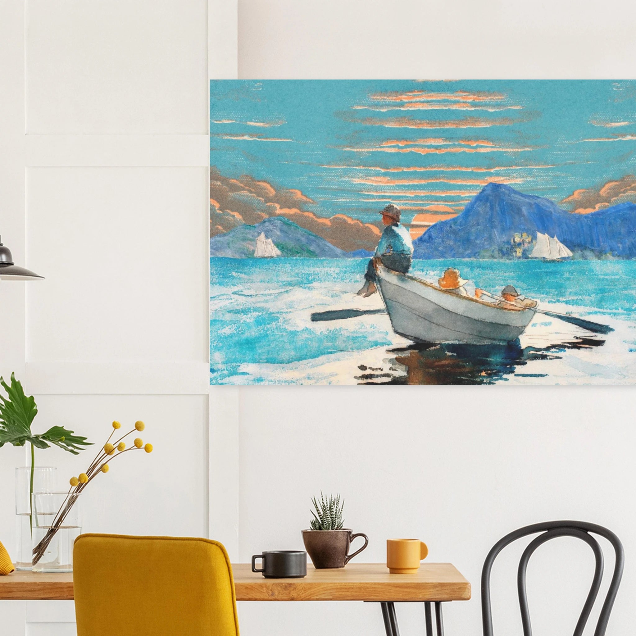 Room interior with a painting of a man in a boat on a mountain lake.