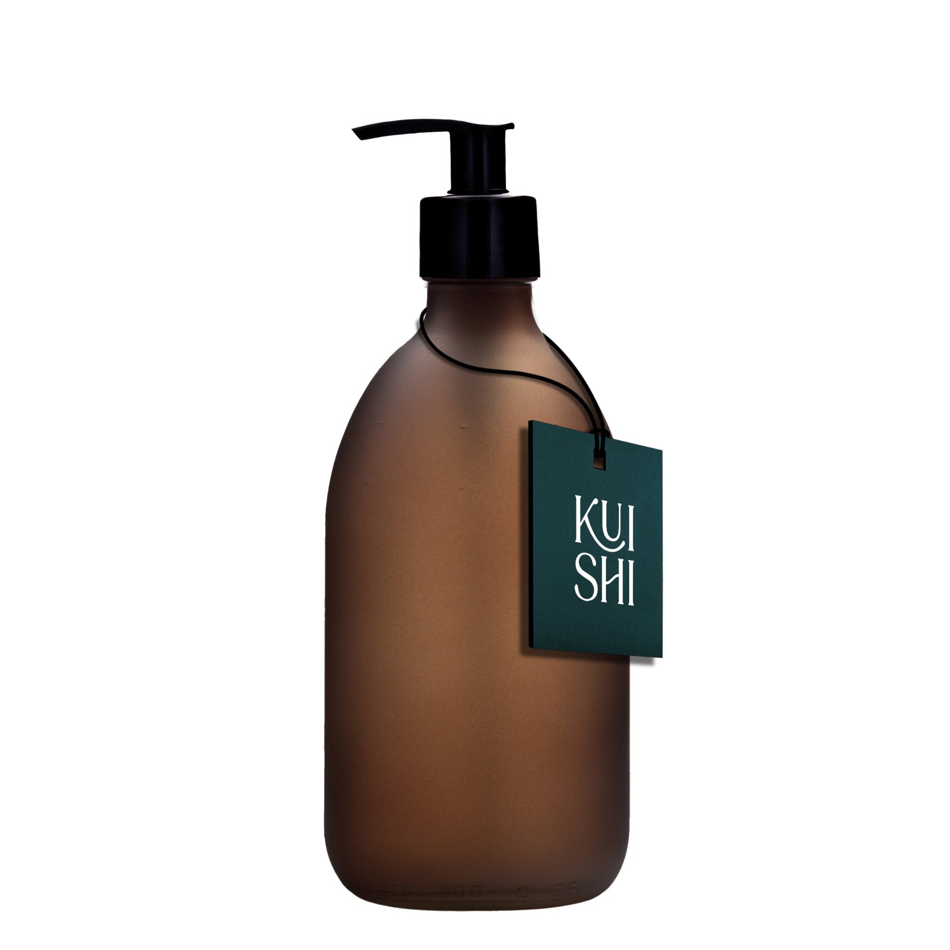 Brown bottle with pump and 'KUI SHI' tag on a white background