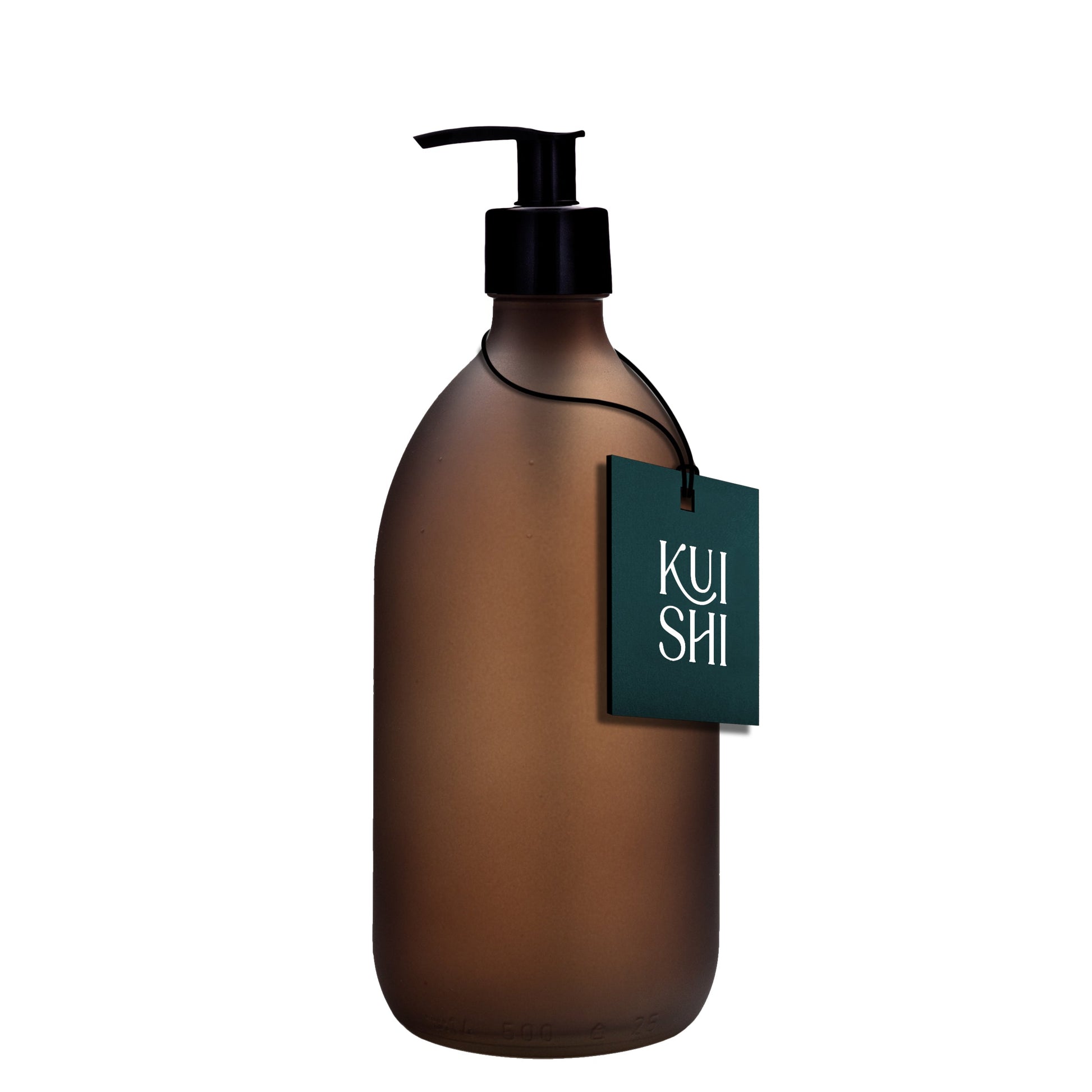 Brown bottle with pump and 'KUSHI' tag on a white background
