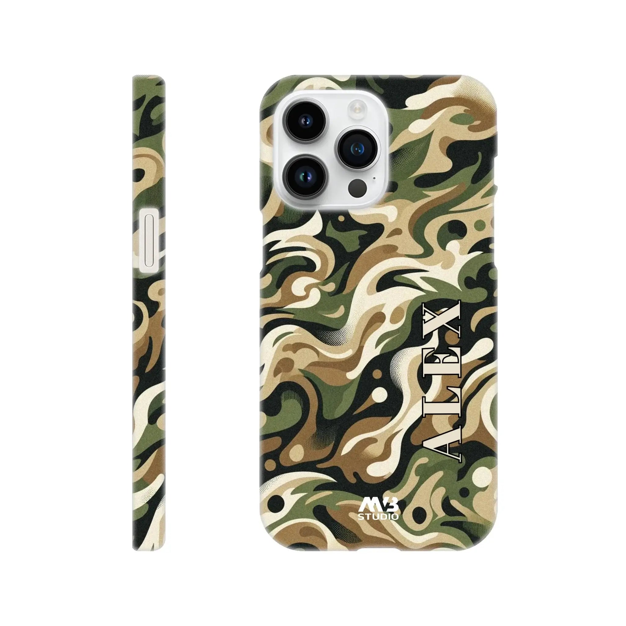 Camo Custom Initial Slim Case iPhone 14 Pro Max Camouflage phone case with 'MVB STUDIO' branding on a white background