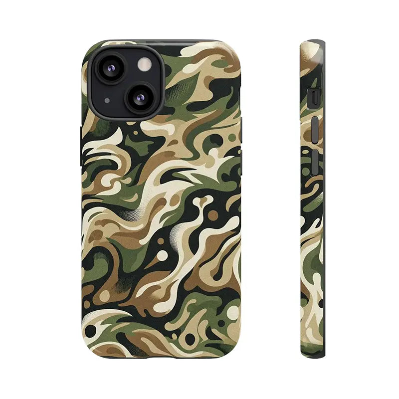 Camouflage-patterned phone case on a white background of iPhone 13 Mini and showing the sides