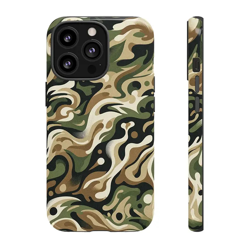 Camouflage-patterned phone case on a white background of iPhone 13 Pro