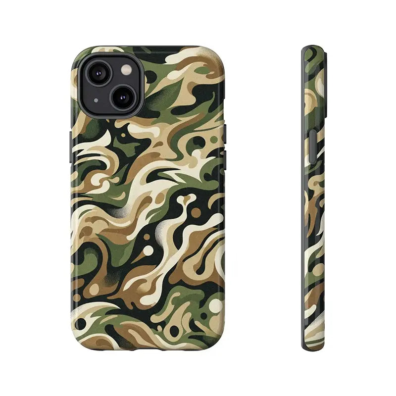 Camouflage-patterned phone case on a white background of iPhone 14 Plus