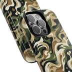 Camouflage-patterned phone case on a white background close up of iPhone 16 Pro Max