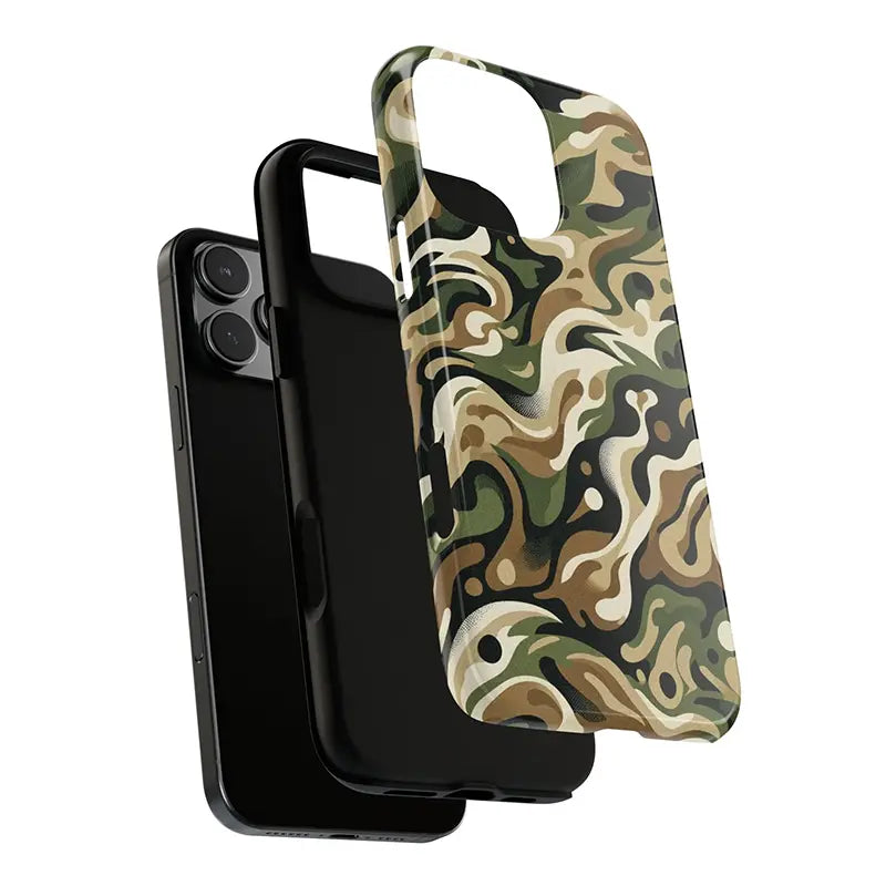 Camouflage phone case on a white background showing dual layers protection of iPhone 16 Pro Max
