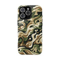 A close-up shot of iPhone 16 Pro Max Phone Case with a green, brown, and black abstract camouflage pattern phone case.