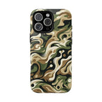 A close-up shot of iPhone 16 Pro Max Phone Case with a green, brown, and black abstract camouflage pattern phone case.