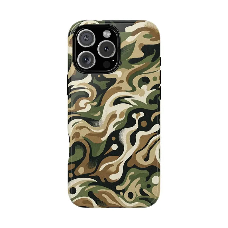 A close-up shot of iPhone 16 Pro Max Phone Case with a green, brown, and black abstract camouflage pattern phone case.