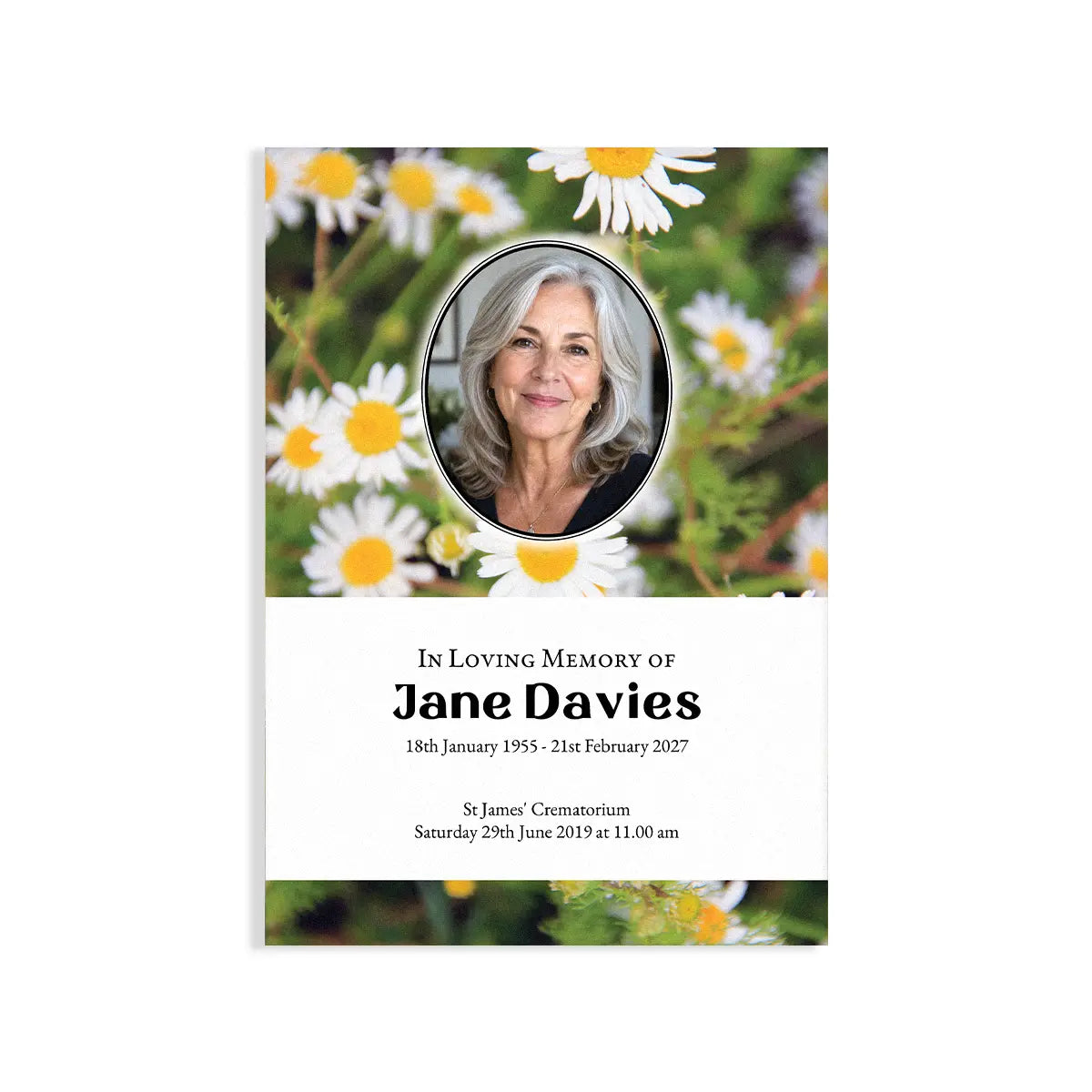 A personalized memorial card with a floral daisy background and an oval photo of a woman, above the text 'In Loving Memory of Jane Davies' and memorial details.