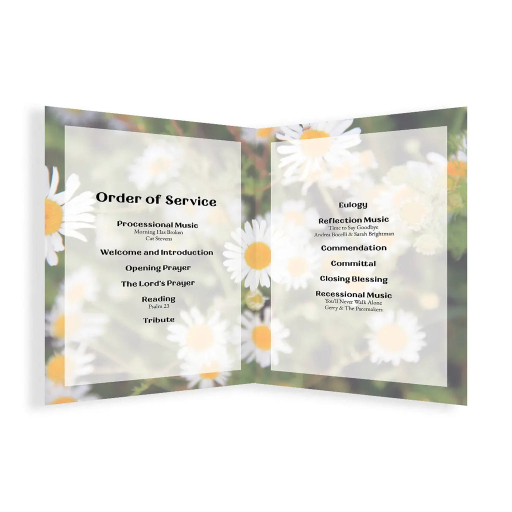 A three-panel folding service program or booklet with a soft-focus daisy floral background. The left panel reads 'Order of Service' with liturgical steps, and the right panel includes 'Eulogy,' 'Commendation,' 'Committal,' 'Recreational Music,' and 'Lore in the Proclamation.