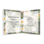 A three-panel folding service program or booklet with a soft-focus daisy floral background. The left panel reads 'Order of Service' with liturgical steps, and the right panel includes 'Eulogy,' 'Commendation,' 'Committal,' 'Recreational Music,' and 'Lore in the Proclamation.