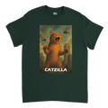 Dark green T-shirt featuring a stylised illustration of a giant roaring cat towering over a city, with helicopters flying overhead and the word “Catzilla”.