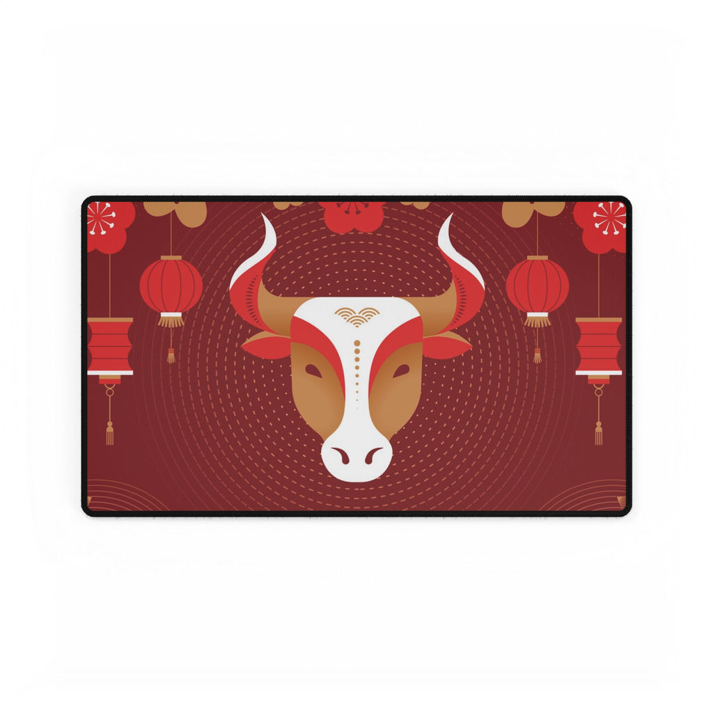 Decorative mat with a bull's head and red lanterns on a red background