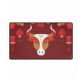 Decorative mat with a bull's head and red lanterns on a red background