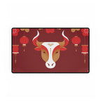 Decorative mat with a bull's head and red lanterns on a red background
