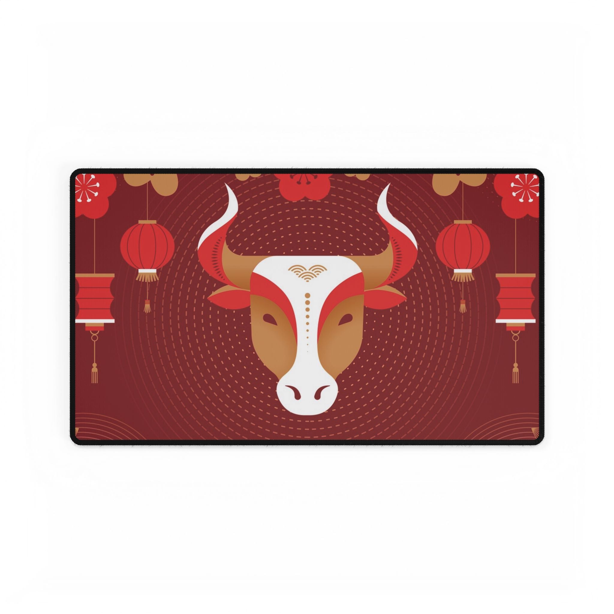 Decorative mat with a bull's head and red lanterns on a red background