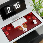 Desk setup with a large desk mat featuring a horse design, keyboard, mouse, and digital clock.