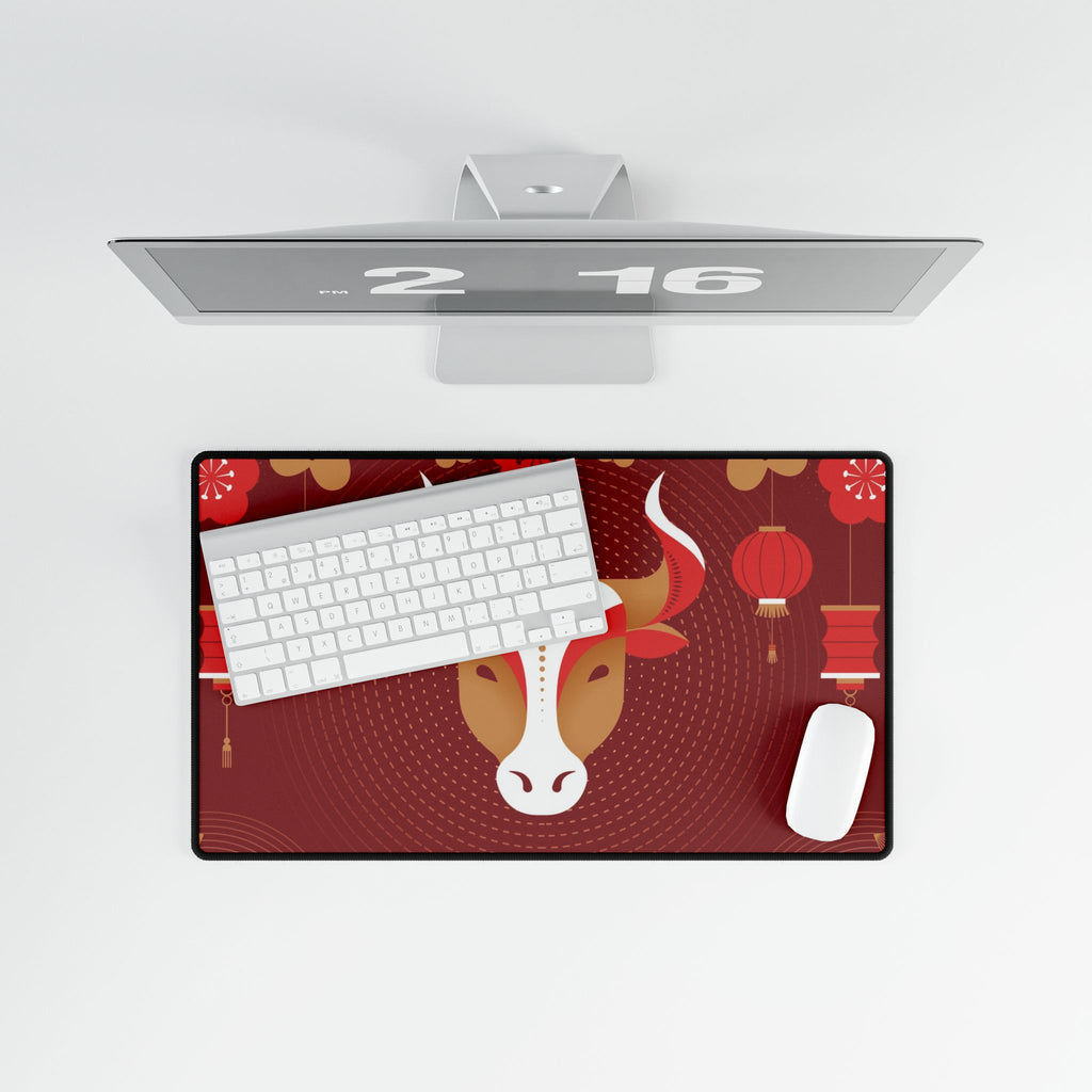 Desk setup with a monitor, keyboard, mouse, and decorative mouse pad featuring a cow design on a red background.