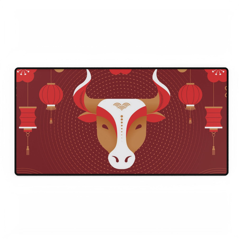 Decorative mat with bull design and red lanterns on a red background
