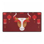 Decorative mat with bull design and red lanterns on a red background
