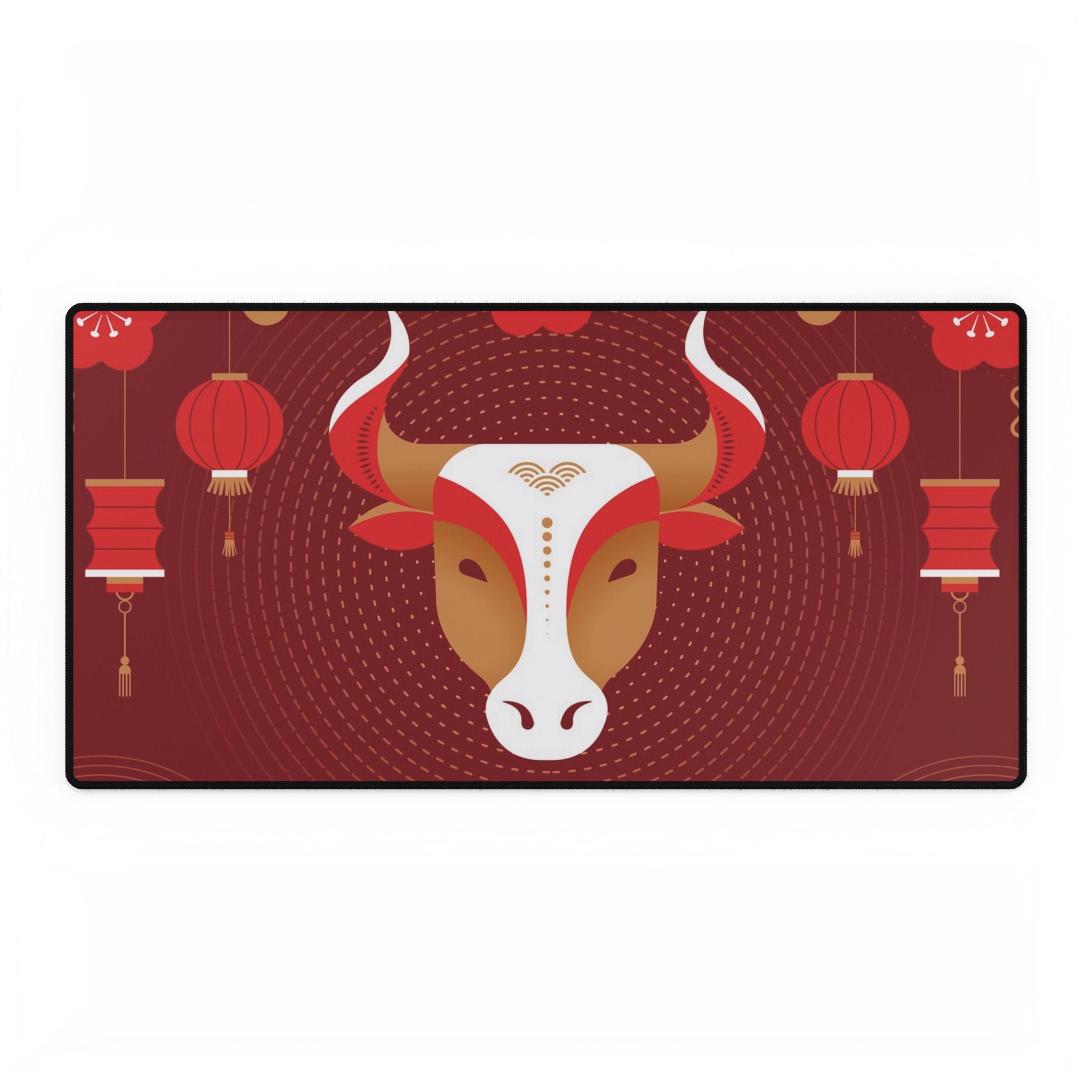 Decorative mat with bull design and red lanterns on a red background