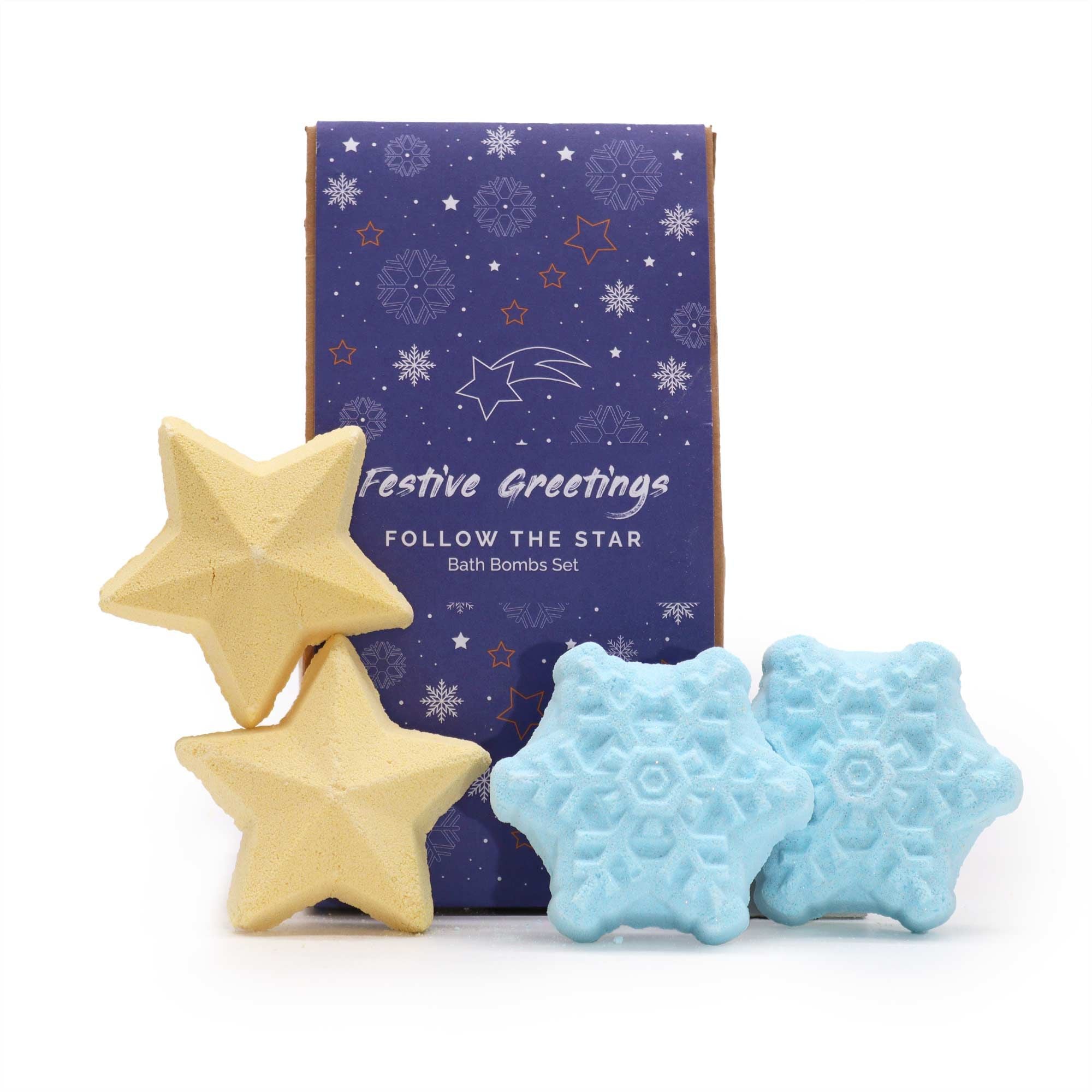 Star-shaped and snowflake-shaped bath bombs with a 'Festive Greetings' box on a white background
