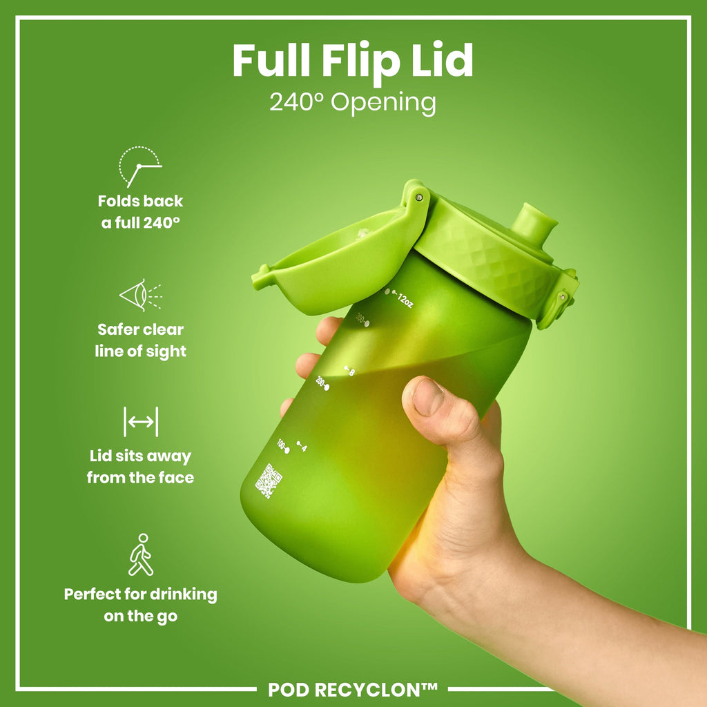 Green water bottle with a full flip lid on a green background