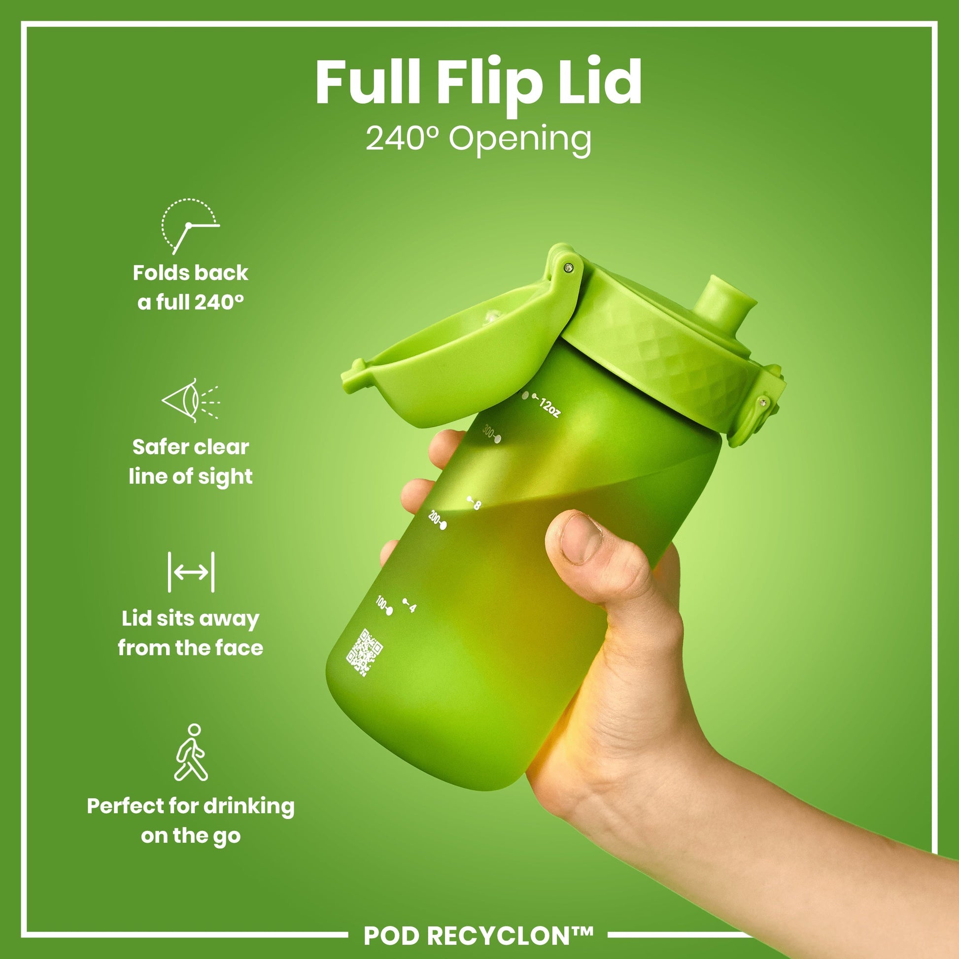 Green water bottle with a full flip lid on a green background