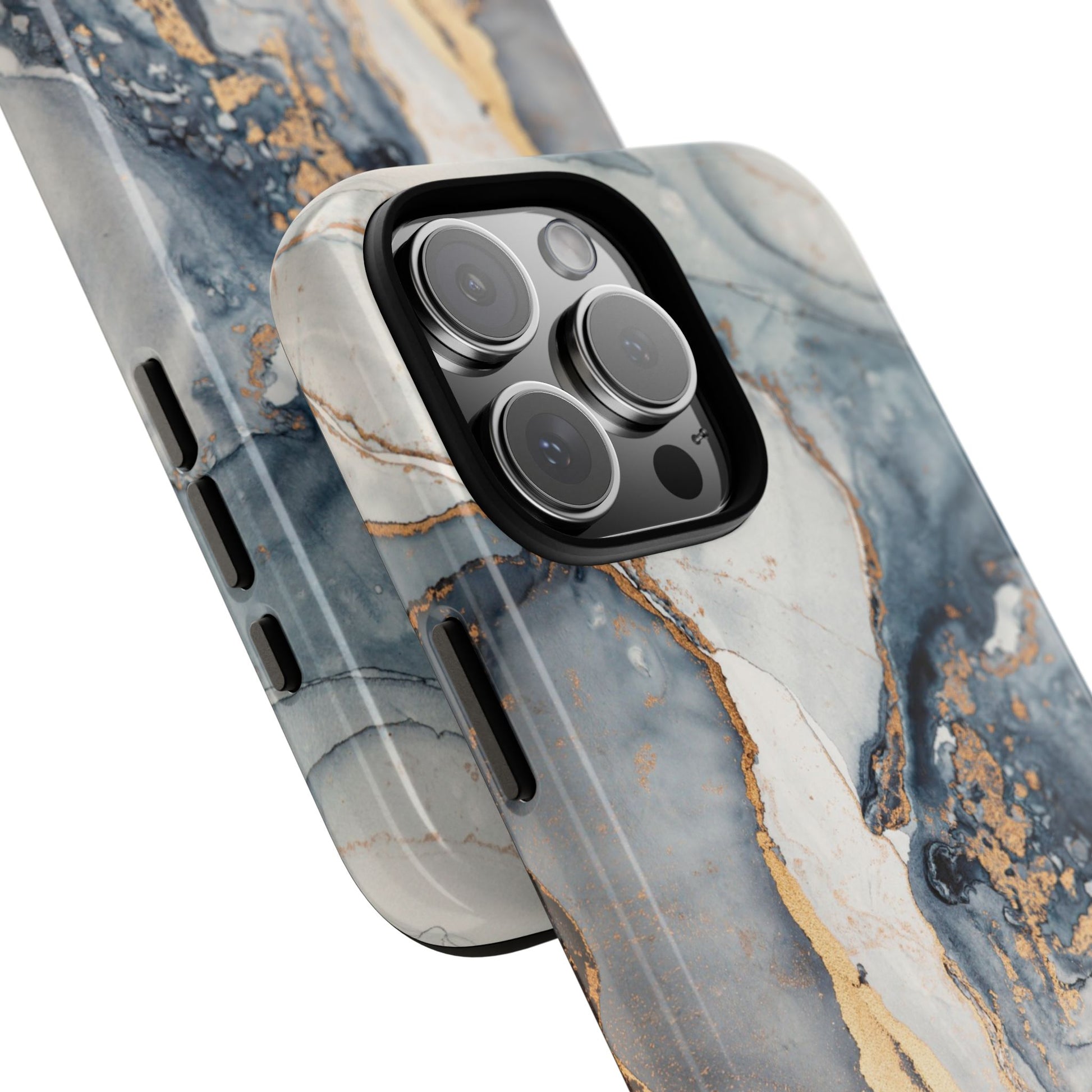 Marble-patterned phone case with camera module design on a white background