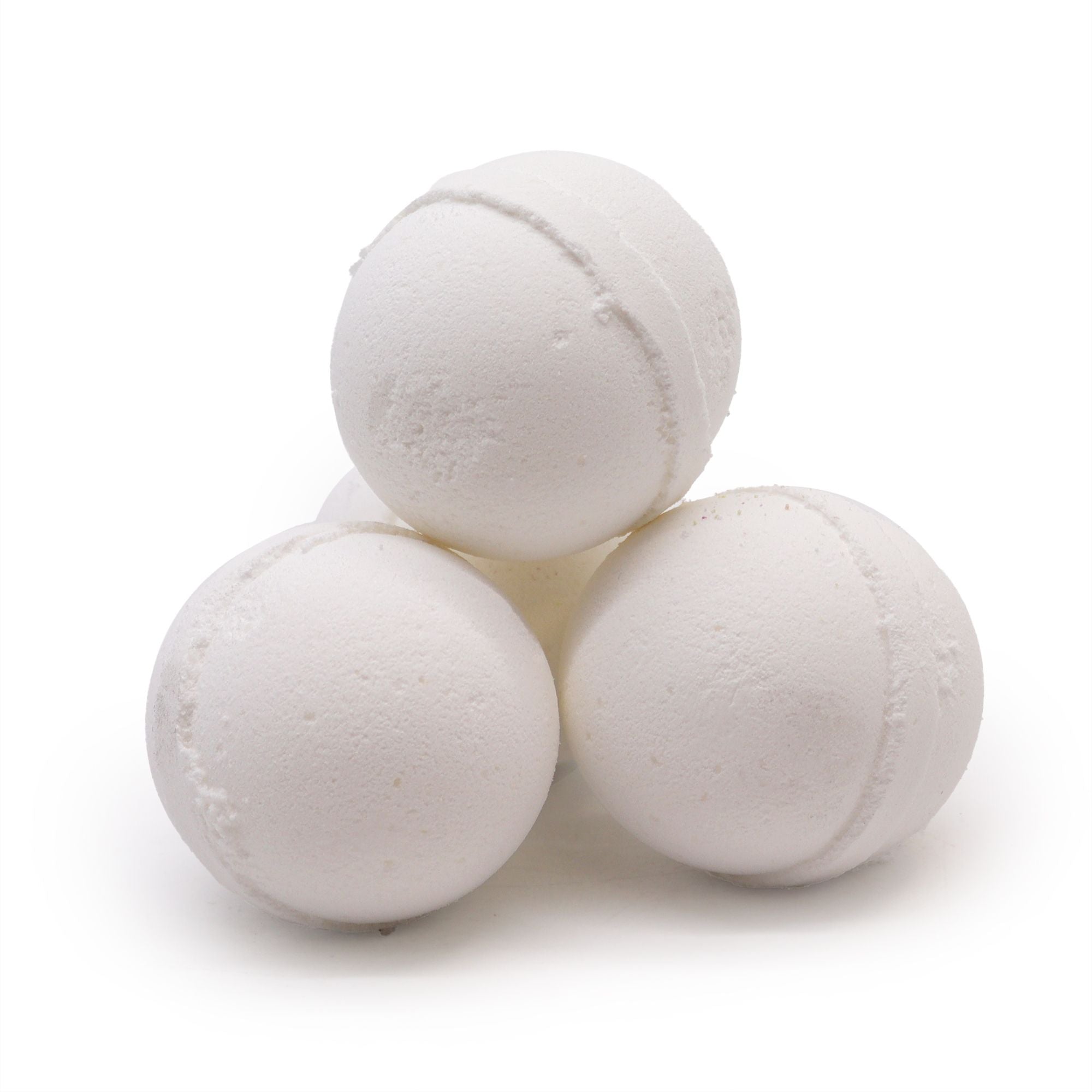 Three white bath bombs stacked on a white background