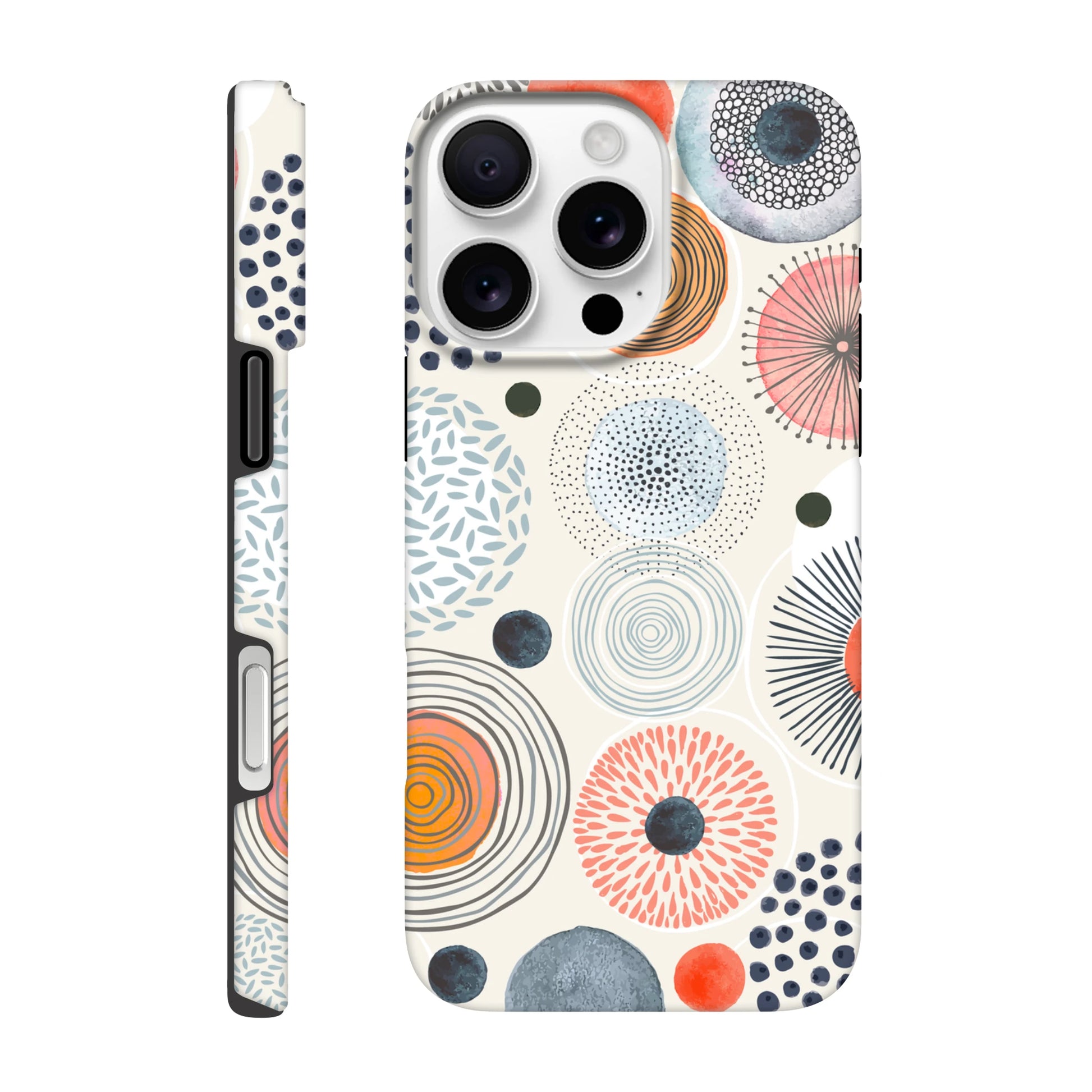 MVB Studio iPhone case featuring abstract circular dotted designs in vibrant orange, navy, and teal on a neutral cream background. Stylish and protective phone case for iPhone.