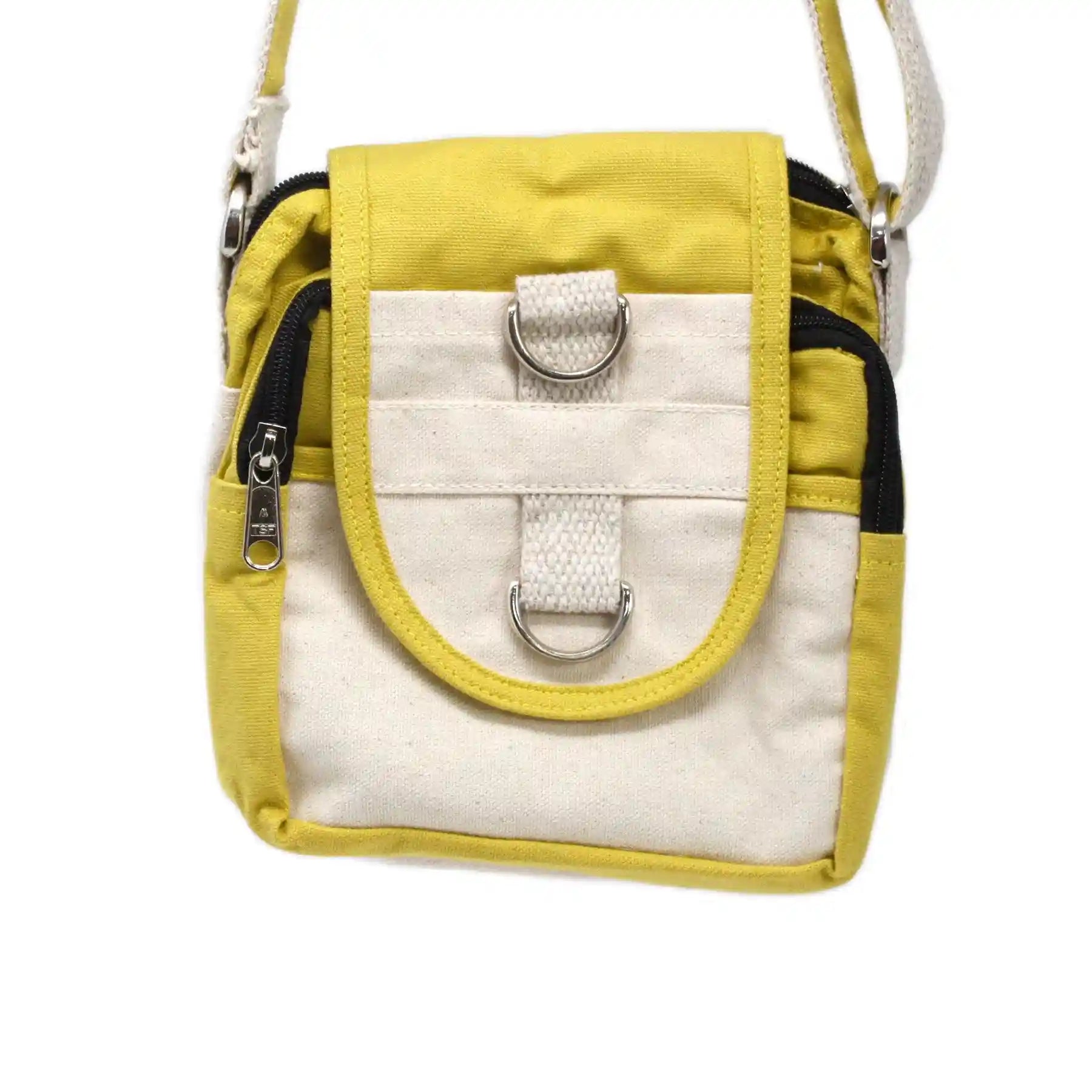 Yellow and white crossbody bag on a white background