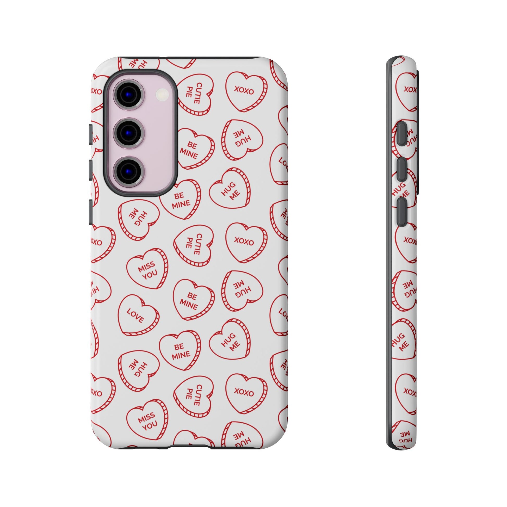 Conversional Hearts Tough Samsung Galaxy S23 Plus Phone Case with red heart and text pattern on a white background 