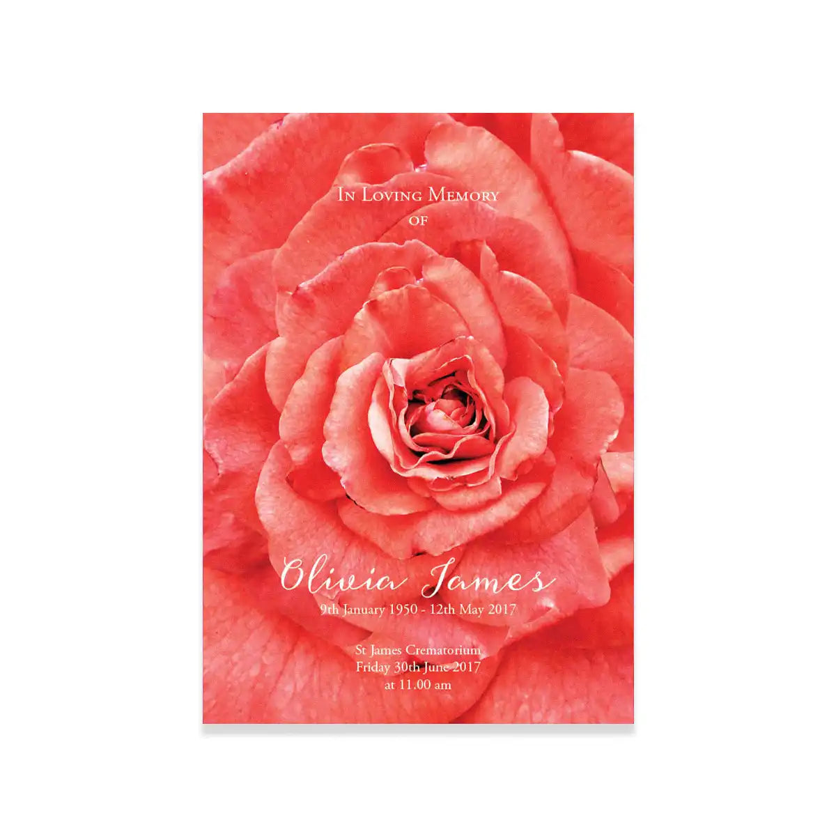 Memorial card with a pink rose and text on a white background
