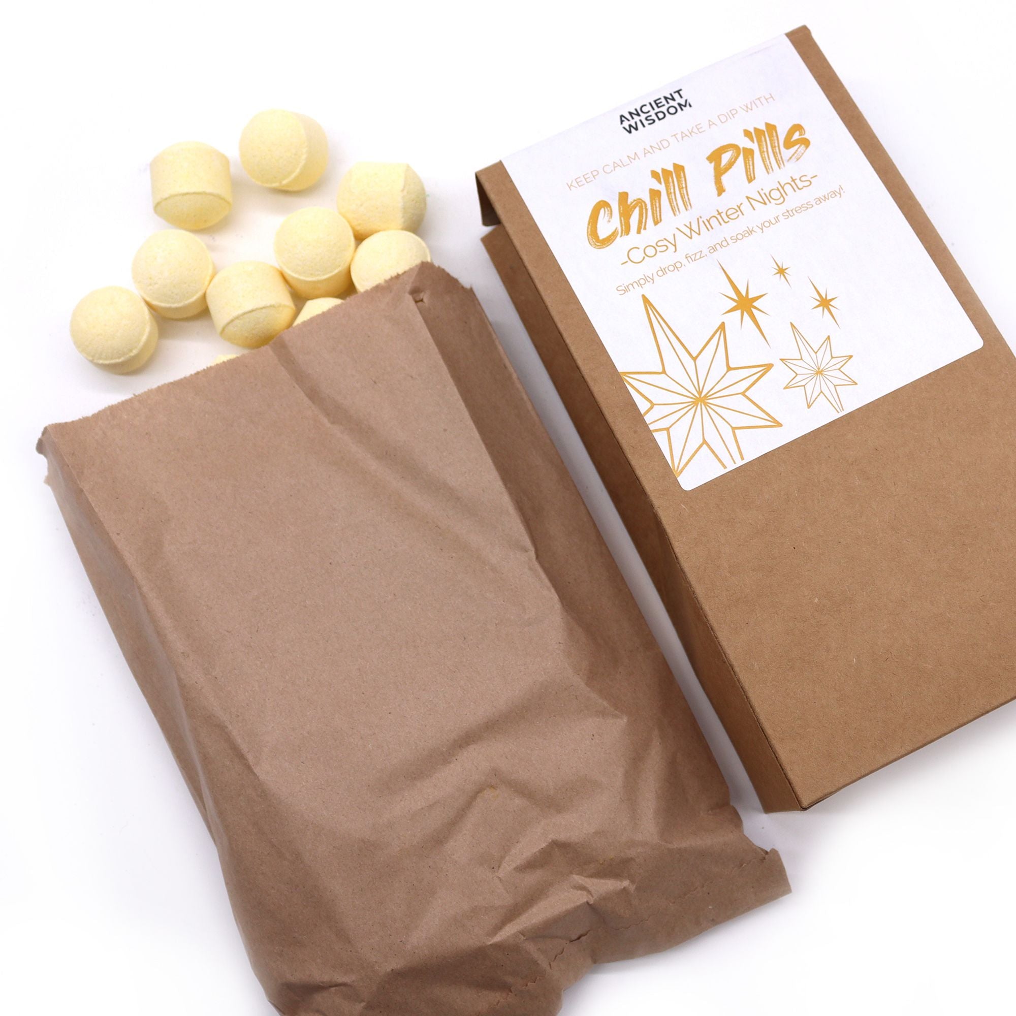 Chill Pills packaging with brown paper bag and white label on a white background