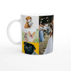 Mug with a collage of photos featuring dogs and people on a white background
