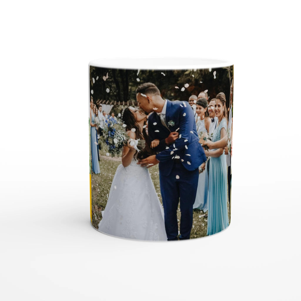 Customisable ceramic mug with a printed photo of a couple on a wedding day.