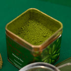 Culinary Japanese Matcha Tea 50g, Green tea powder in a metal tin with a green background
