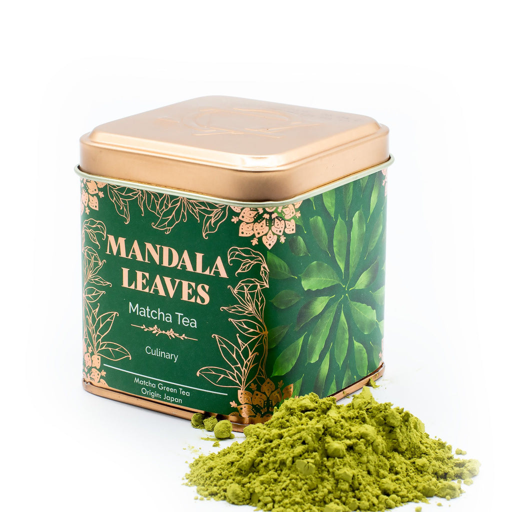 Culinary Japanese Matcha Tea 50g, Mandala Leaves Matcha Tea can with green tea powder on a white background