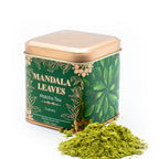 Culinary Japanese Matcha Tea 50g, Mandala Leaves Matcha Tea can with green tea powder on a white background