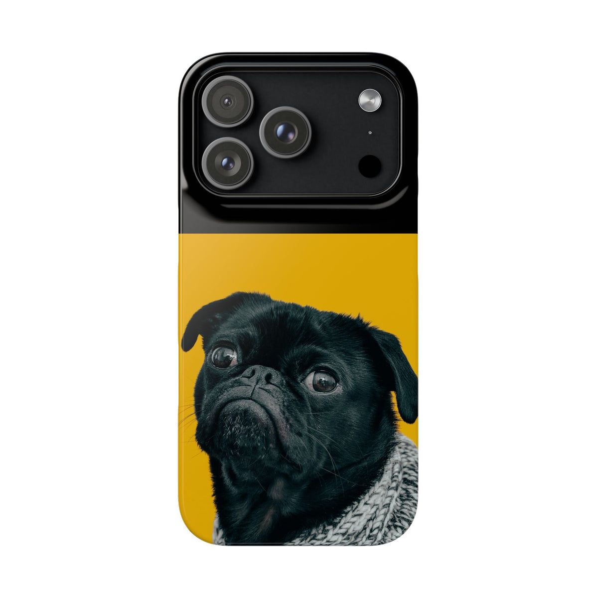 A protective phone case featuring a black Pug dog portrait on a bright yellow background, with a solid black camera bar at the top.
