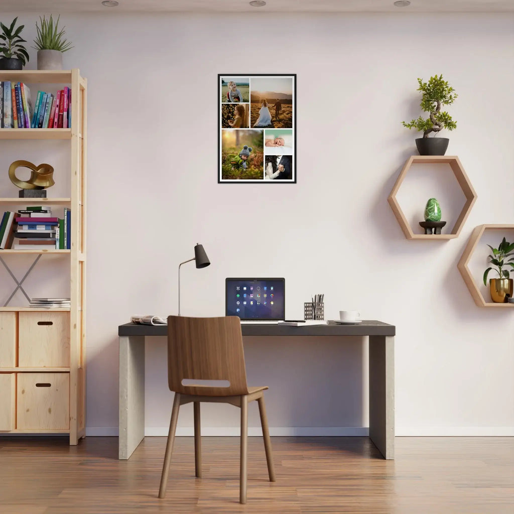 Modern home office with a desk, chair, and wall art