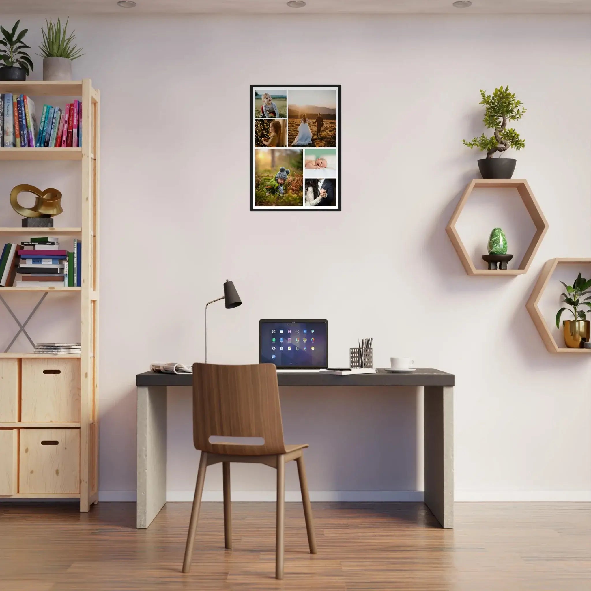 Modern home office with a desk, chair, and wall art