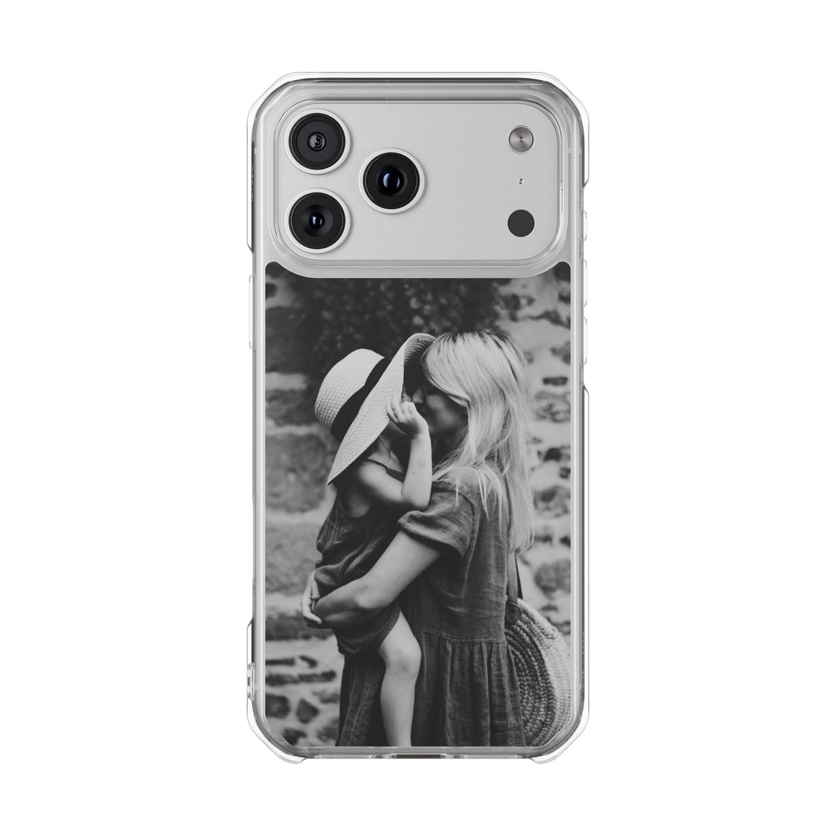 A clear smartphone case with a black-and-white photographic print of a woman hugging a child, shown on a phone against a plain white background.