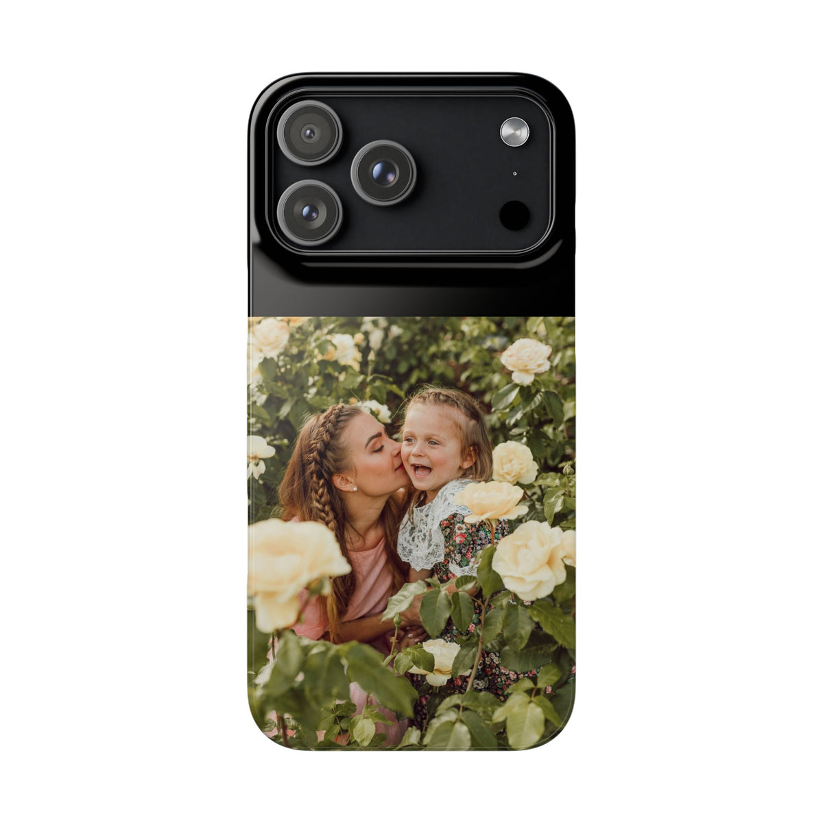 A custom smartphone case featuring a printed photo of a woman and child surrounded by white roses, with a solid black camera bar at the top, shown on a plain white background.