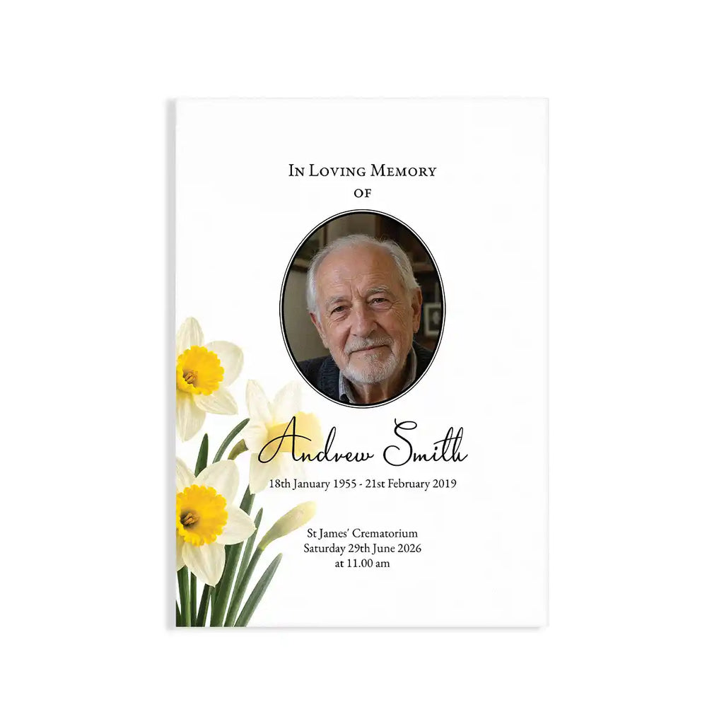 Memorial card with photo of a man, flowers, and text details on a white background by MVB STUDIO