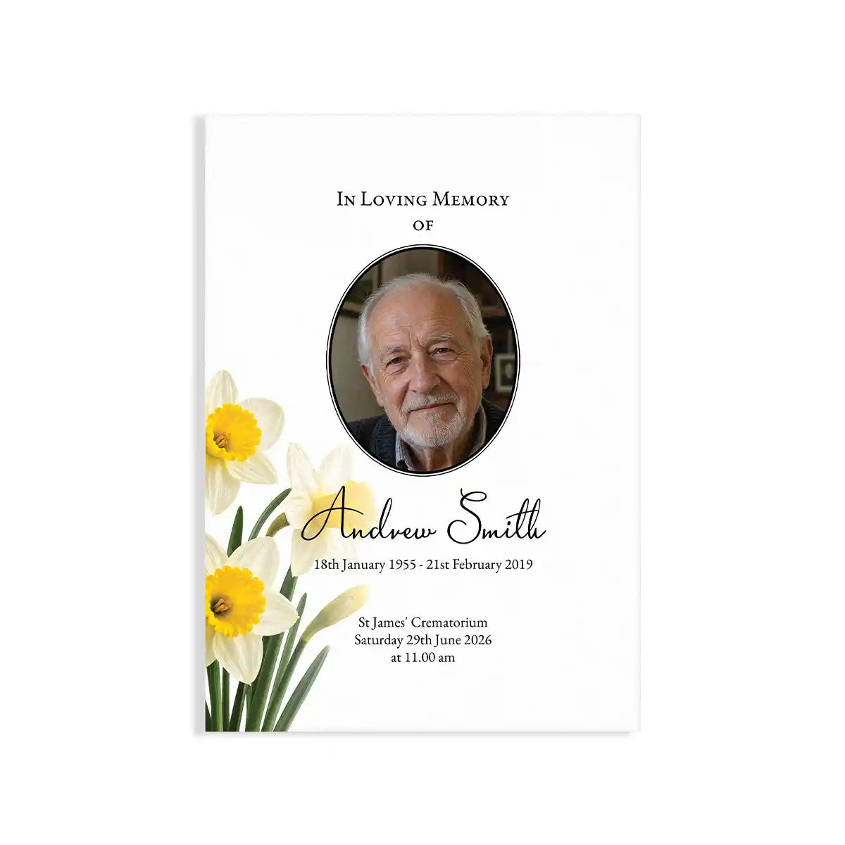 Memorial card with photo of a man, flowers, and text details on a white background by MVB STUDIO