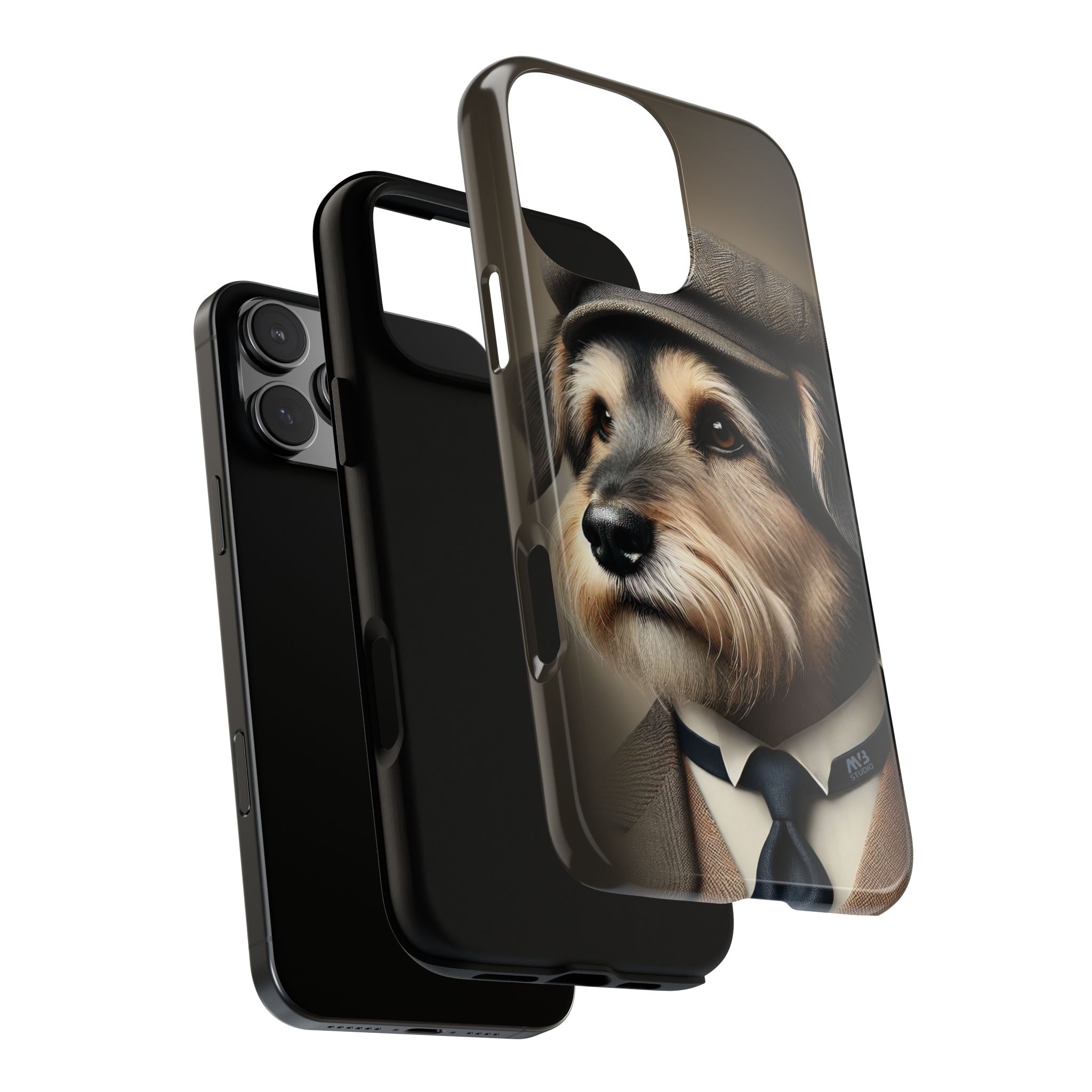 Phone case with a dog wearing a hat and tie design on a white background dual layers