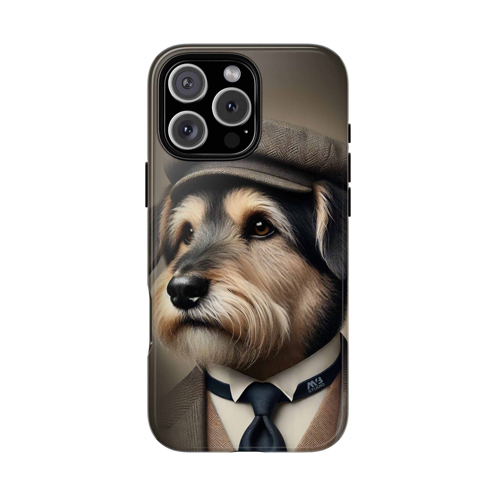 Phone case with a dog wearing a hat and tie on a white background
