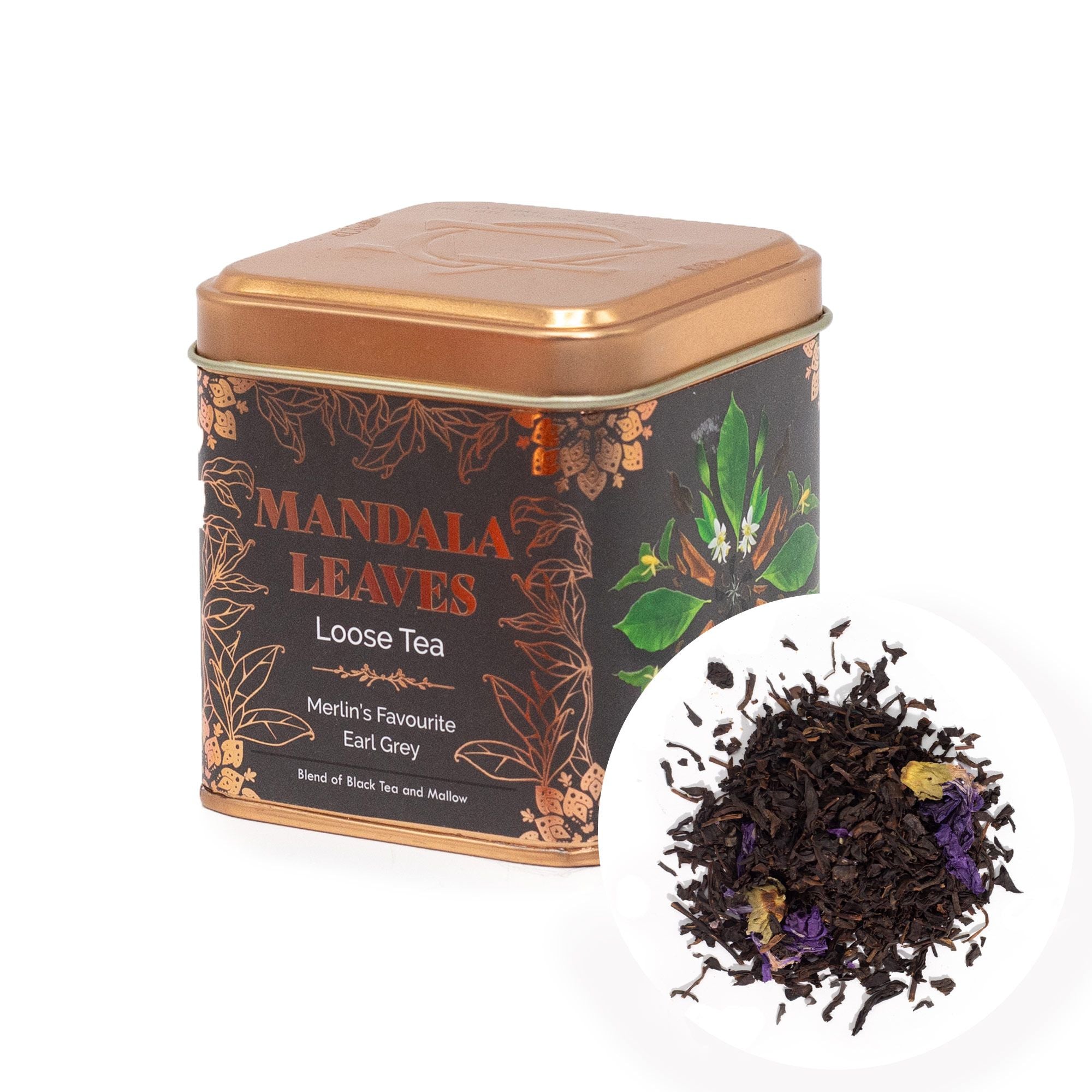 Tea canister labelled 'Mandala Leaves' with loose tea leaves, Earl Grey Black Tea with Bergamot - 50g displayed on a white background